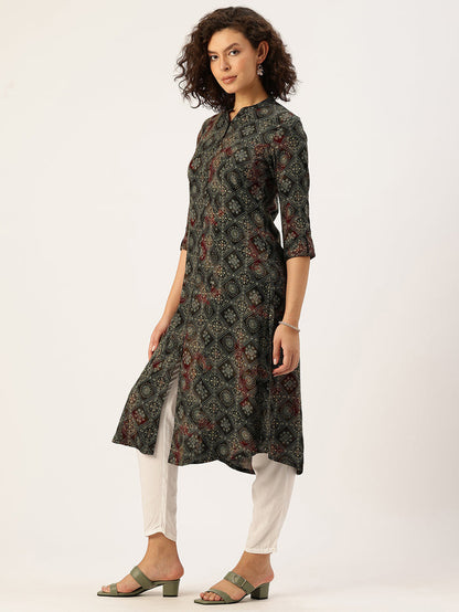 Green Geometric Printed Kurta, Princess Cur Kurta, A-Line Kurta, Floral Print, Mandarin Collar kurta, printed kurta