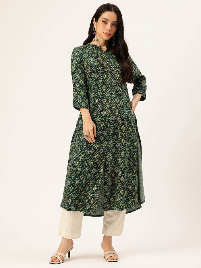 Green Geometric Printed Kurta, Princess Cur Kurta, A-Line Kurta, Geometric Print, Mandarin Collar kurta, printed kurta