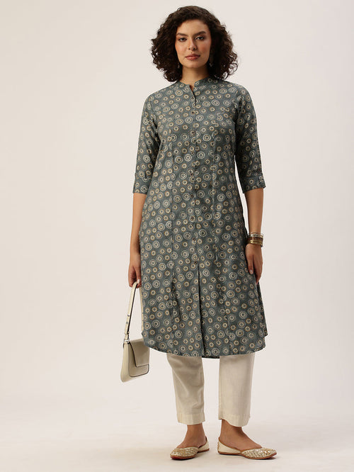 Grey Floral Printed Mandarin Collar Kurta, Princess Cur Kurta, A-Line Kurta, Floral Print, Mandarin Collar kurta, printed kurta