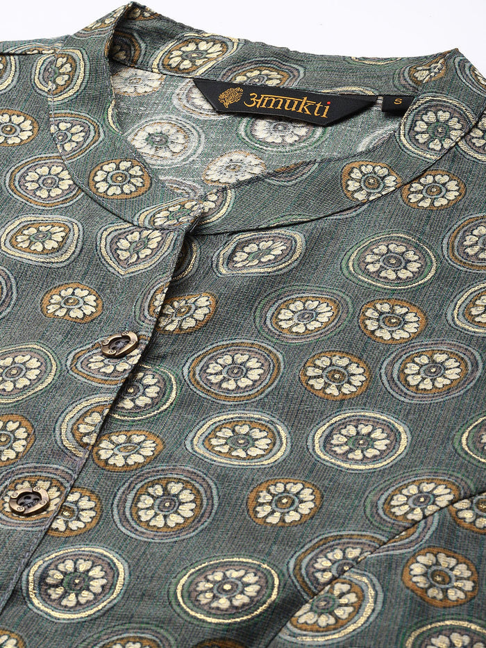 Grey Floral Printed Mandarin Collar Kurta, Princess Cur Kurta, A-Line Kurta, Floral Print, Mandarin Collar kurta, printed kurta