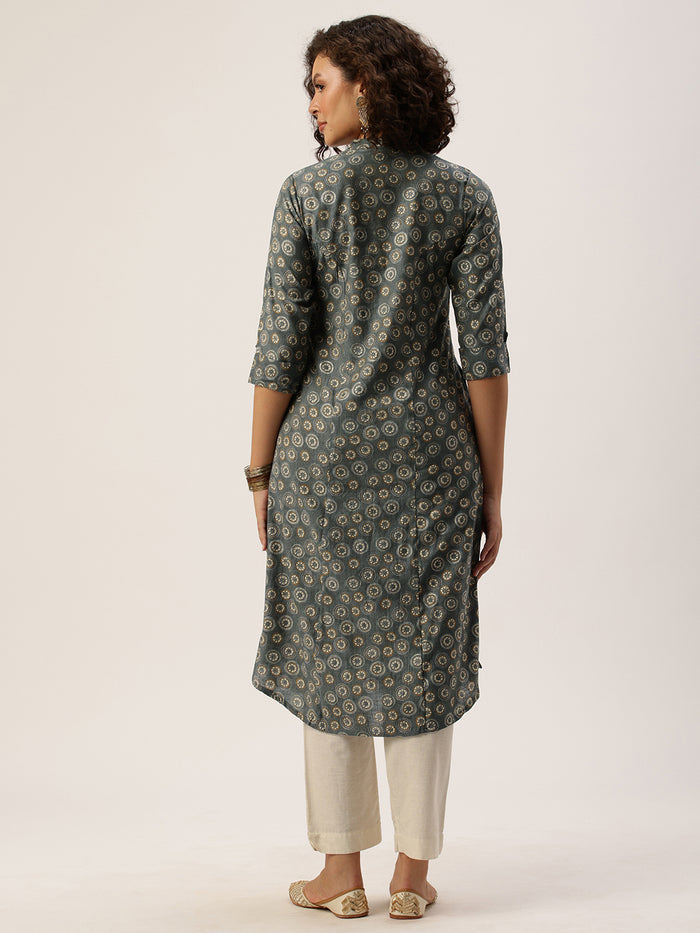 Grey Floral Printed Mandarin Collar Kurta, Princess Cur Kurta, A-Line Kurta, Floral Print, Mandarin Collar kurta, printed kurta