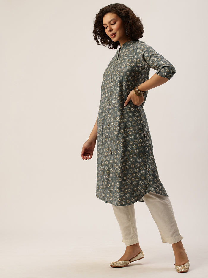 Grey Floral Printed Mandarin Collar Kurta, Princess Cur Kurta, A-Line Kurta, Floral Print, Mandarin Collar kurta, printed kurta