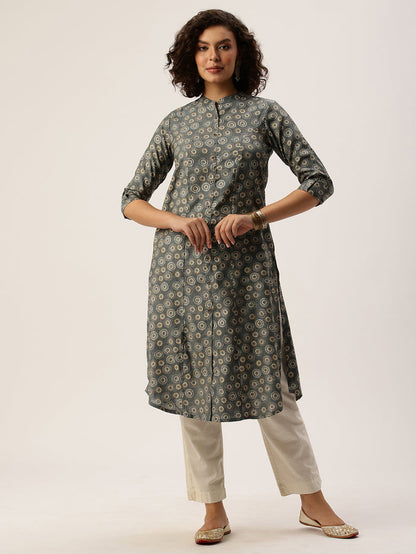 Grey Floral Printed Mandarin Collar Kurta, Princess Cur Kurta, A-Line Kurta, Floral Print, Mandarin Collar kurta, printed kurta