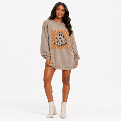 Women's Halloween Ghost Sweatshirt with corded knit texture and checkerboard ghost print - commercial front view