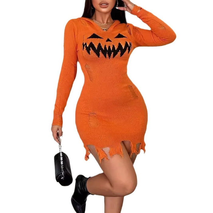 Model in Orange Halloween Tight Dress: Short Skirt and Conventional Sleeves for Effortless Edge