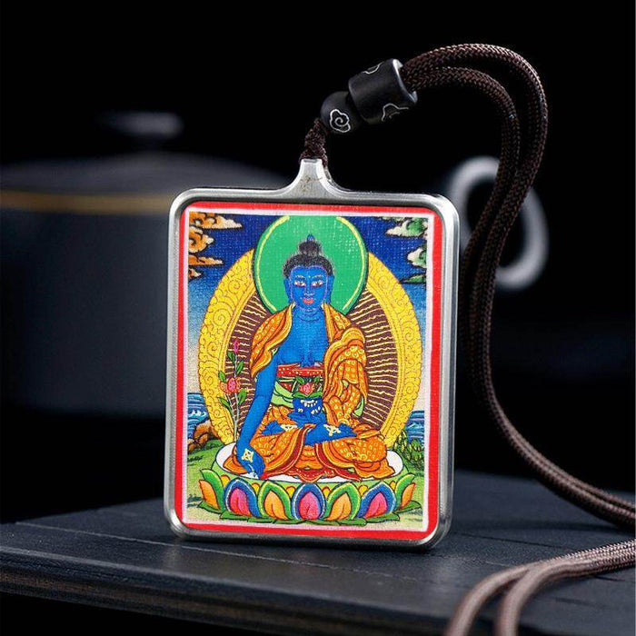 Handpainted Locket Thangka Amulet,Bhaisajyaguru,Medicine Buddha - Tibetan thangka painting, detailed view