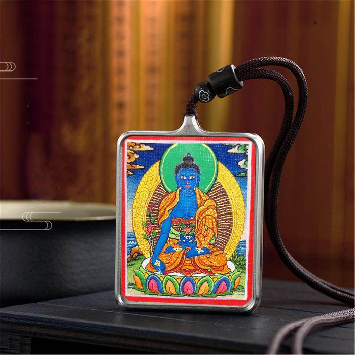 Handpainted Locket Thangka Amulet,Bhaisajyaguru,Medicine Buddha - Tibetan thangka painting, close-up detail