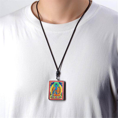 Handpainted Locket Thangka Amulet,Bhaisajyaguru,Medicine Buddha - Tibetan thangka painting, view 4