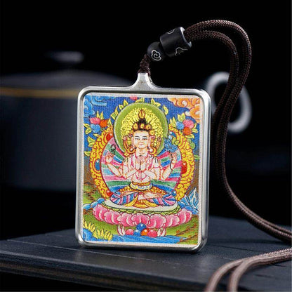 Handpainted Locket Thangka Amulet,Chenrezig,Avalokitesvara,Padmapani - Tibetan thangka painting, detailed view