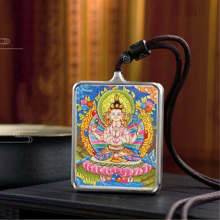 Handpainted Locket Thangka Amulet,Chenrezig,Avalokitesvara,Padmapani - Tibetan thangka painting, close-up detail