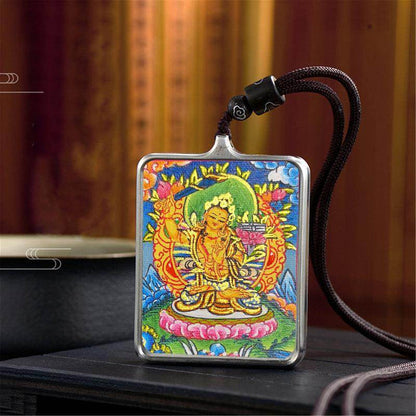 Handpainted Locket Thangka Amulet,Manjusri,Wisdom Buddha - Tibetan thangka painting, close-up detail