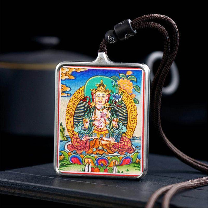Handpainted Locket Thangka Amulet,White Tara,Arya Tara,Buddha of Wealth - Tibetan thangka painting, detailed view