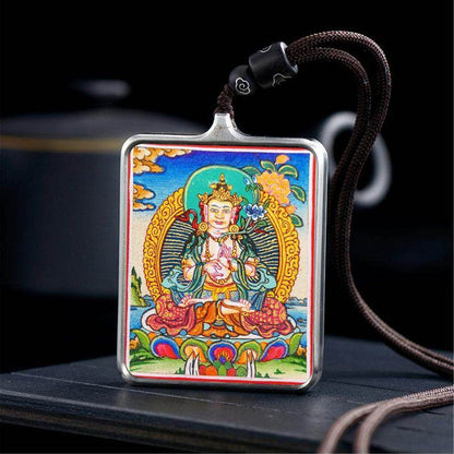 Handpainted Locket Thangka Amulet,White Tara,Arya Tara,Buddha of Wealth - Tibetan thangka painting, detailed view