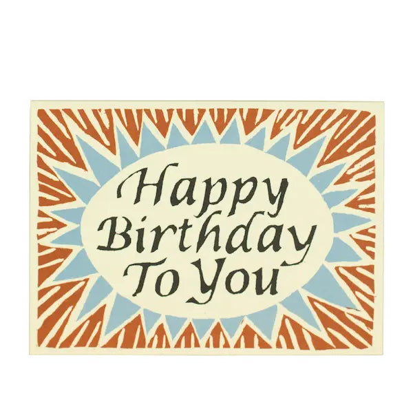 A greeting card with 'Happy Birthday To You' text in the center, surrounded by a decorative border in shades of orange, blue, and yellow.