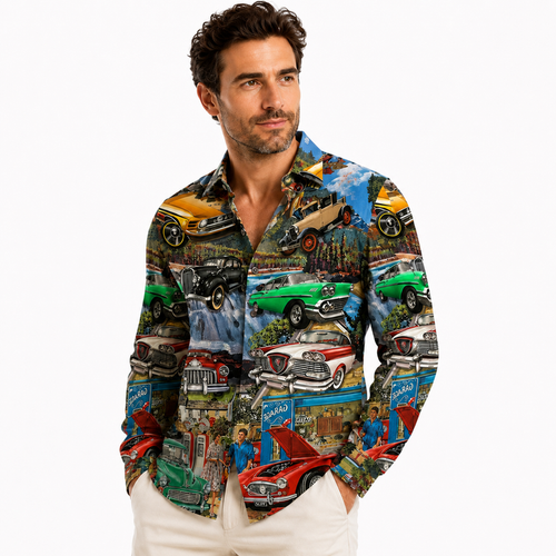 Retro car print men’s long sleeve shirt with bold statement design