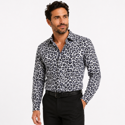 Aloha-inspired men’s long sleeve shirt with loose fit and easy-care fabric