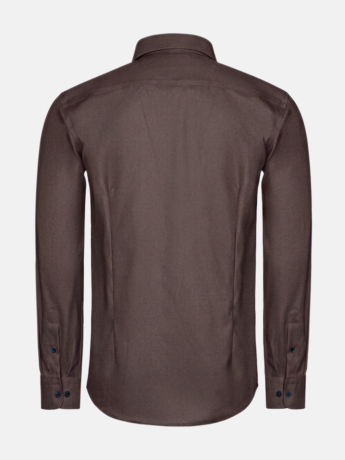 Back view of men’s light brown button-down shirt with long sleeves and clean finish.