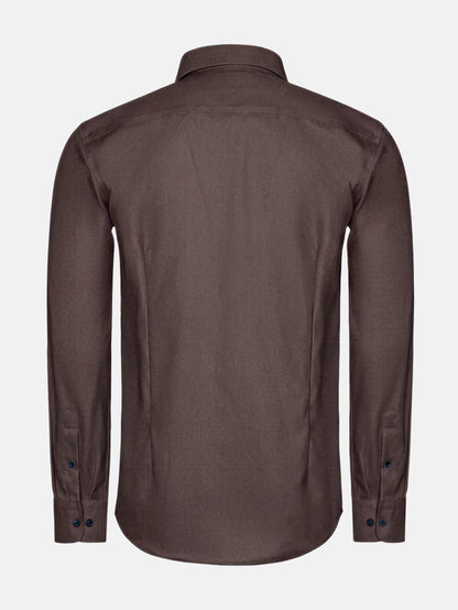 Back view of men’s light brown button-down shirt with long sleeves and clean finish.