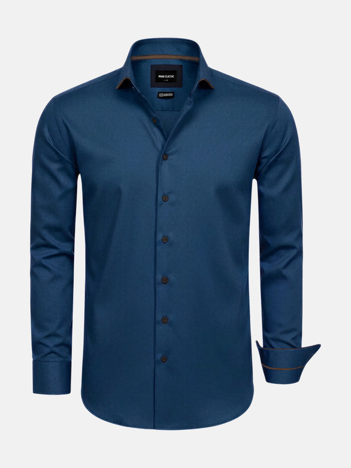 Petrol blue men’s button-up shirt with long sleeves, tailored fit, and clean modern design.