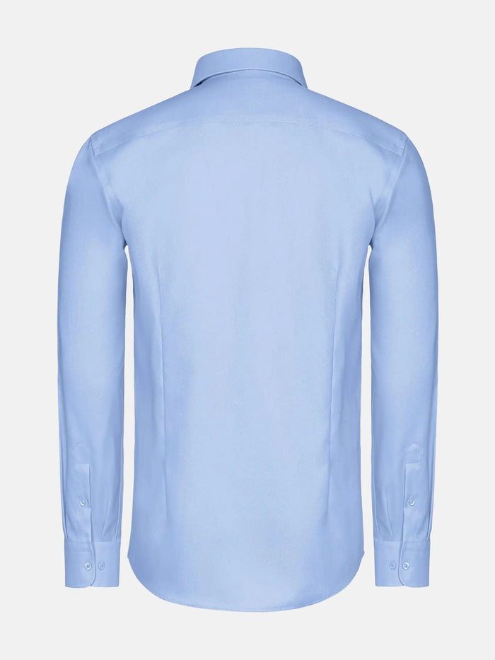 Back view of blue men’s dress shirt with long sleeves.