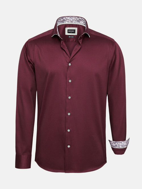 Dark red men’s long-sleeve shirt with button front and patterned inner collar