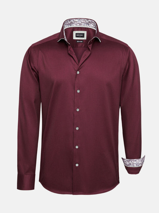 Dark red men’s long-sleeve shirt with button front and patterned inner collar