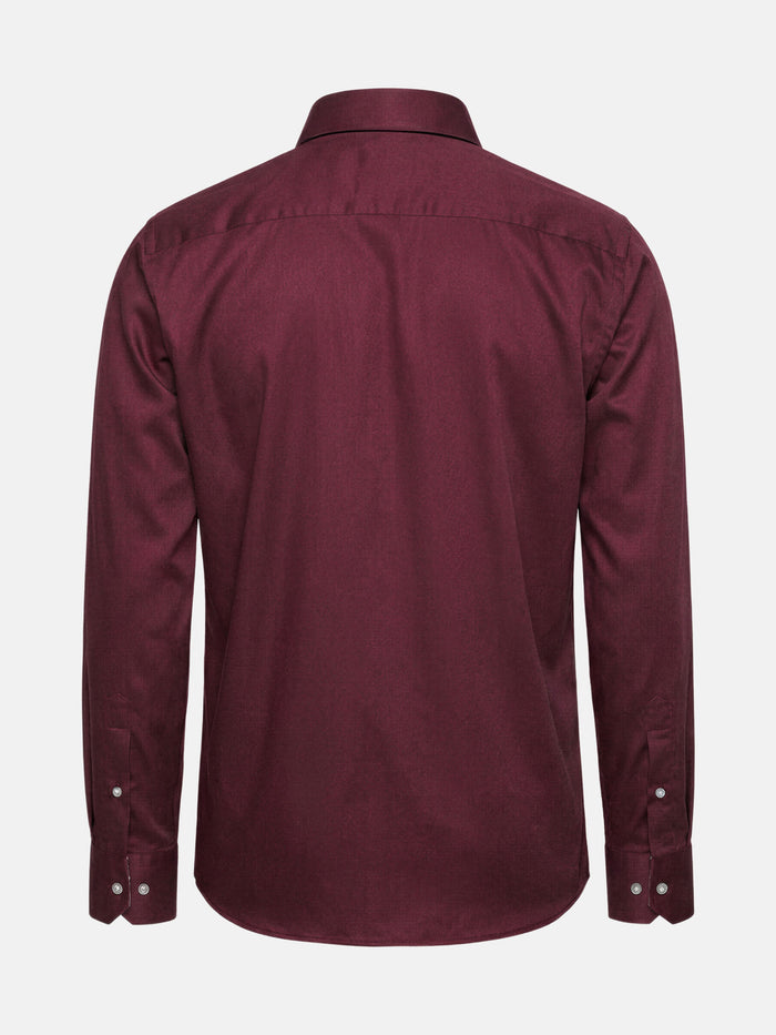 Back view of dark red men’s long-sleeve shirt with clean tailored silhouette