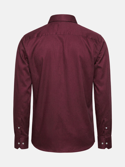 Back view of dark red men’s long-sleeve shirt with clean tailored silhouette