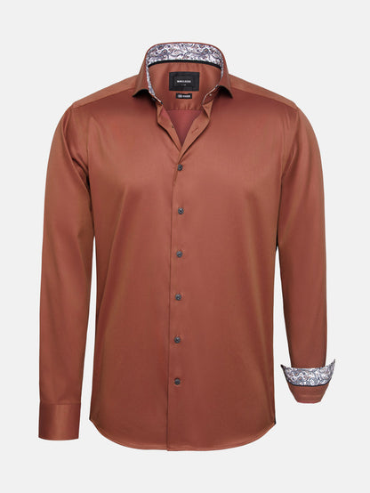 Light brown men’s long-sleeve shirt with button front and patterned inner collar