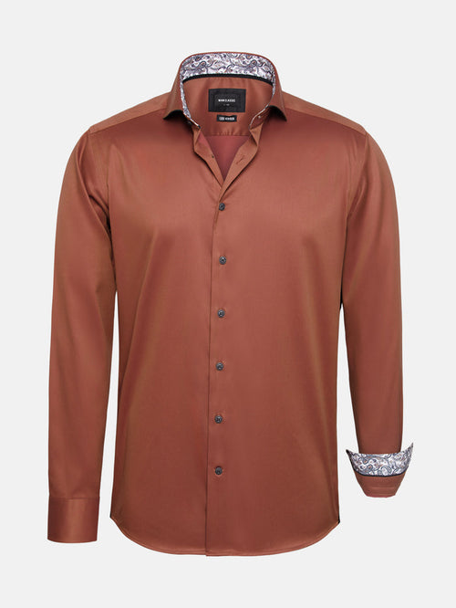 Light brown men’s long-sleeve shirt with button front and patterned inner collar