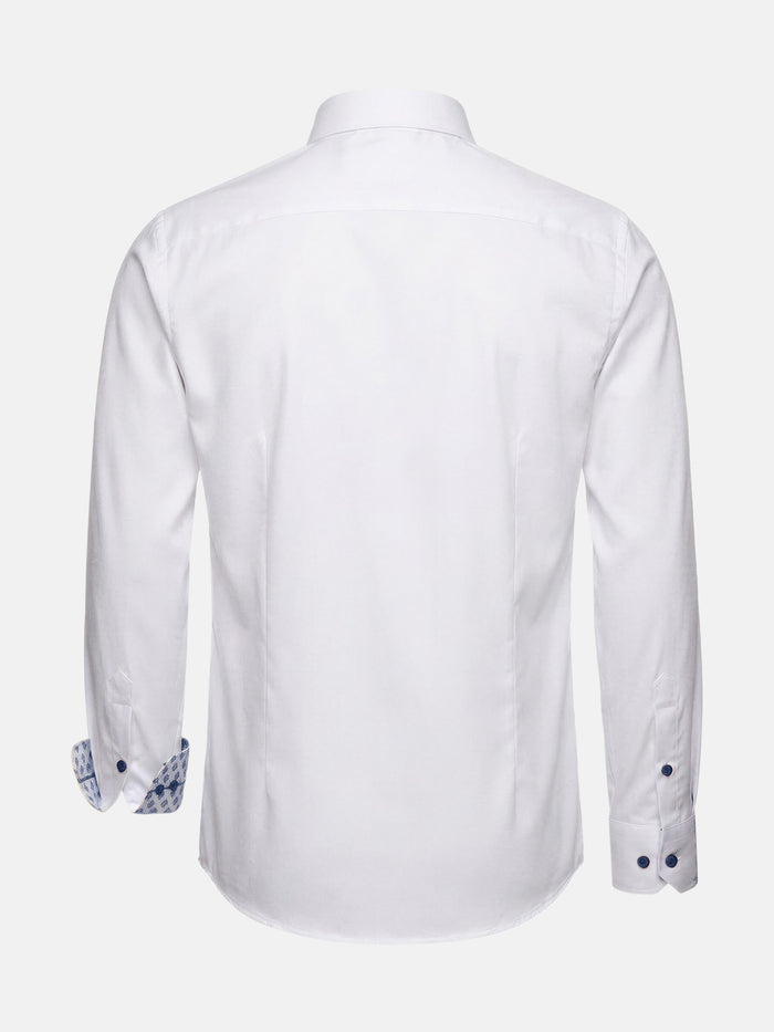 Back view of white slim fit men’s dress shirt with long sleeves