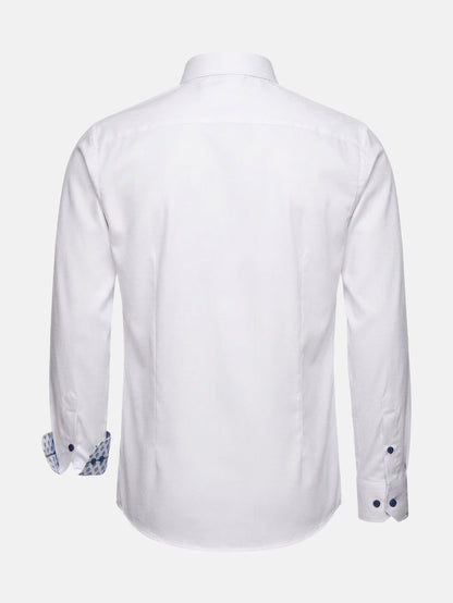 Back view of white slim fit men’s dress shirt with long sleeves