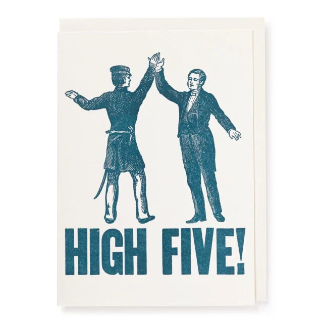 Vintage-style illustration of two people giving a high-five with 'HIGH FIVE!' text below on a white background.