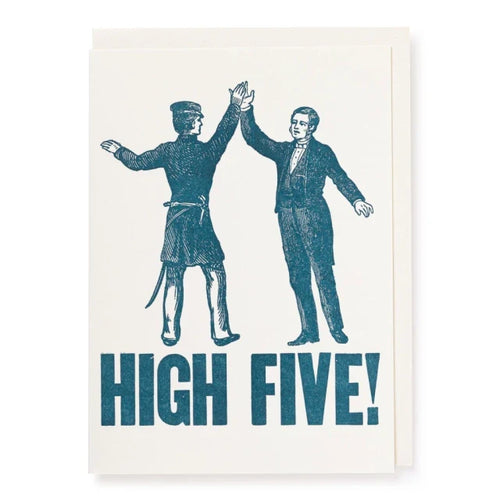 Vintage-style illustration of two people giving a high-five with 'HIGH FIVE!' text below on a white background.