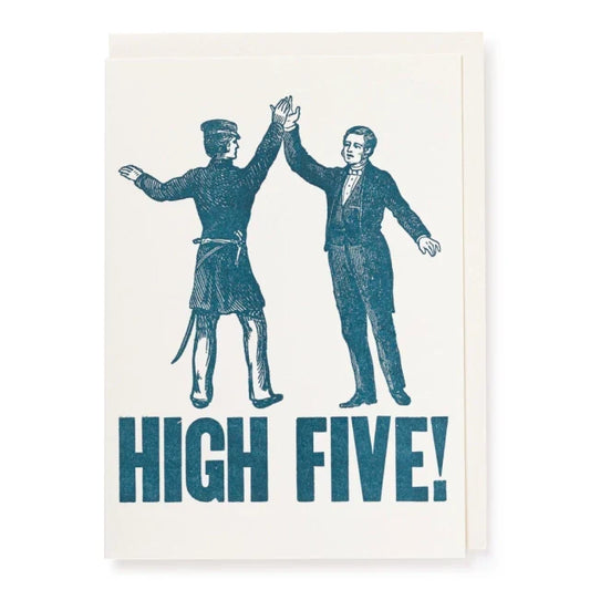 Vintage-style illustration of two people giving a high-five with 'HIGH FIVE!' text below on a white background.