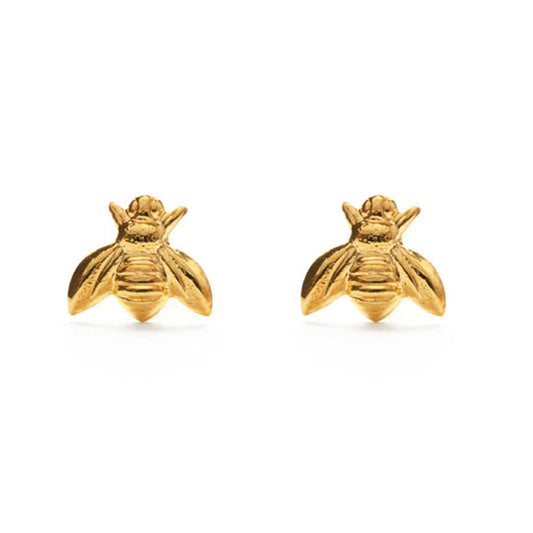A pair of 14k gold over brass honey bee stud earrings on a white background.