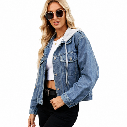 Women's hooded denim jacket in classic blue, front view showing button closure, relaxed fit, tonal hood and a drawstring hem.