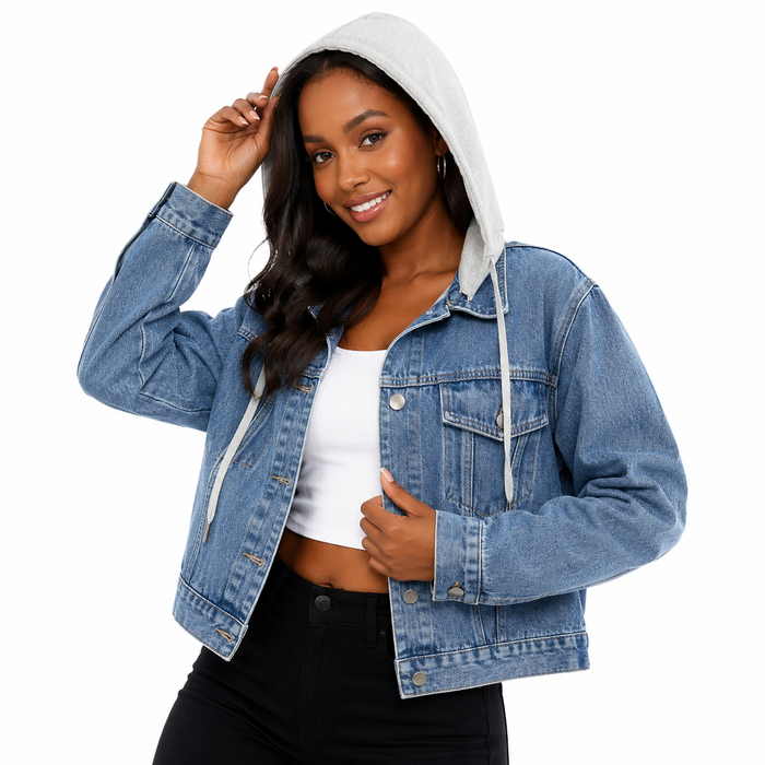 Close-up of women's hooded denim jacket showing button detail, drawstring hood and soft 95% rayon, 5% polyester blend fabric.