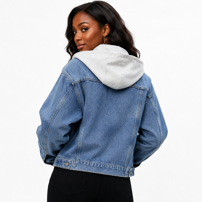 Back view of women's hooded denim jacket in denim blue, highlighting the tonal hood, relaxed silhouette and everyday styling.