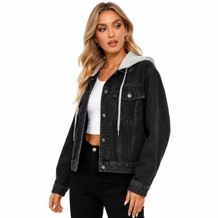Women's drawstring hooded denim jacket styled open for layering, with a relaxed fit, classic blue color, and button-up front.