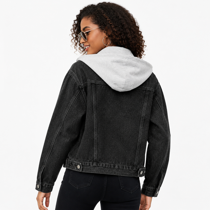 Women's hooded button-up denim jacket for school and weekend wear in blue, with a relaxed fit and matching tonal hood detail.