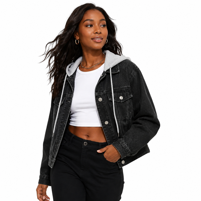 Women's rayon-blend hooded denim jacket showing its button front, tonal hood, relaxed shape, and a structured no-stretch fit.