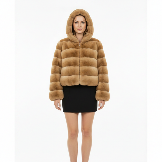 Front view of the hooded faux fur coat for women with short length, long sleeves, practical hood and plush polyester texture.