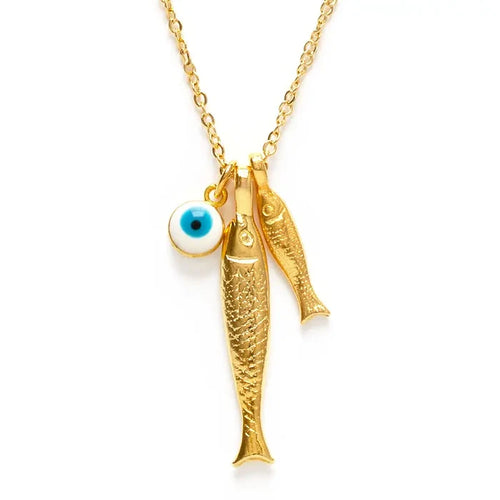 Gold necklace with fish and eye-shaped pendant on a white background