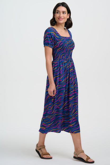 Jolene Shirred Midi Dress (Blue)