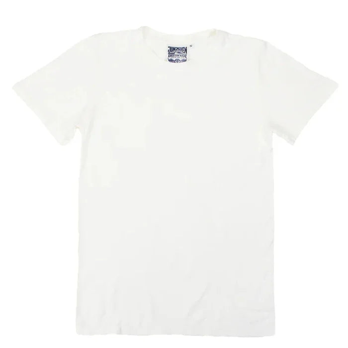 Jungmaven Jung Tee in Washed White, a classic slim-fit crewneck tee with a slightly slubby texture, shown flat on a white background with the Jungmaven "American Made" label visible at the collar