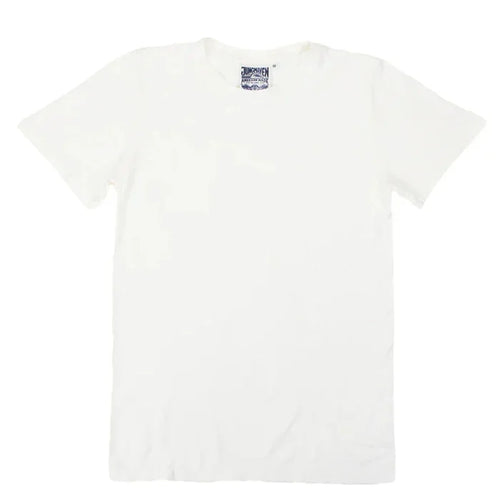 Jungmaven Jung Tee in Washed White, a classic slim-fit crewneck tee with a slightly slubby texture, shown flat on a white background with the Jungmaven "American Made" label visible at the collar