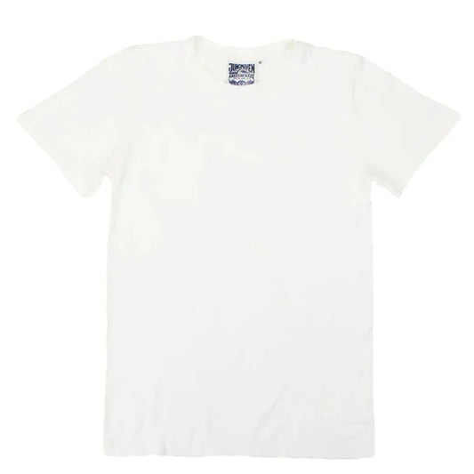 Jungmaven Jung Tee in Washed White, a classic slim-fit crewneck tee with a slightly slubby texture, shown flat on a white background with the Jungmaven "American Made" label visible at the collar