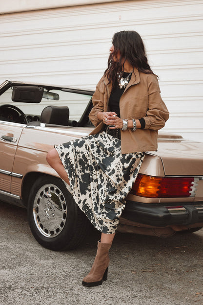 Detail shot of the Kacey Cowhide Maxi Skirt highlighting the design elements.