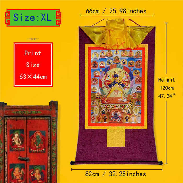 Kalacakra Vajrayogini in Yab Yum - Tibetan thangka painting, close-up detail
